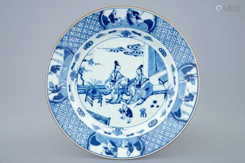 A Chinese blue and white dish with the The Two Qiaos, Kangxi/Yongzheng