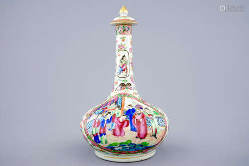 A Chinese bottle-shaped Canton famille rose vase and cover, 19th C.