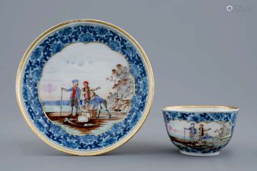 A Chinese export porcelain cup and saucer with a fish seller, Qianlong, 18th C.