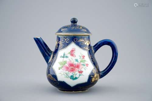 A Chinese famille rose powder blue ground teapot and cover, Yongzheng, 1723-1735