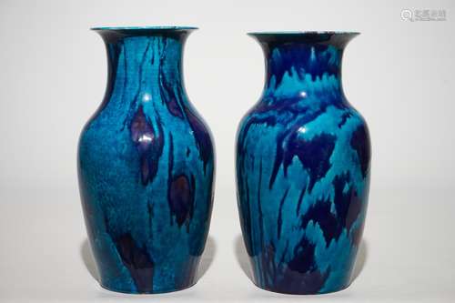 A near pair of Chinese turquoise and aubergine flambe glazed robin's egg style vases, 18/19th C.