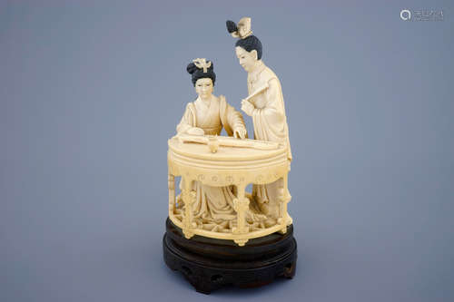 A Chinese carved ivory group of musicians with a qin, 19th C.