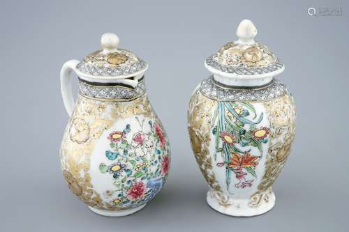 A Chinese grisaille and gilt tea caddy and a covered jug, Yongzheng, 1723-1735