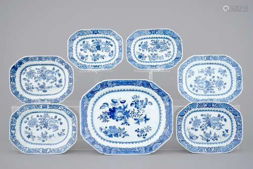 Seven blue and white Chinese porcelain octagonal dishes, 18th C.