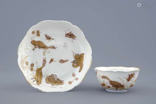 A Chinese grisaille and gilt cup and saucer with ducks and insects, Yongzheng, 1723-1735