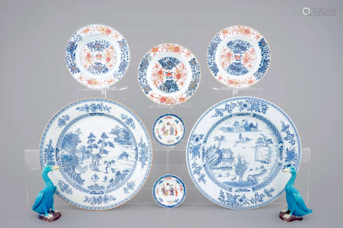 Two large blue and white dishes, 3 Imari plates, two mandarin saucers, all 18th C. and two ducks, 19/20th C.