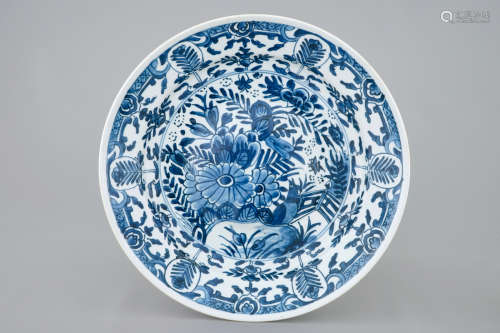 A rare Chinese blue and white plate after a Dutch example, Qianlong, 18th C.