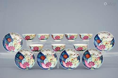 A set of 8 large Chinese famille rose cups and 6 saucers with “tobacco leaf” design, Qianlong, 18th C.