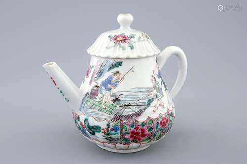 A fine Chinese famille rose teapot and cover with a fishing scene, Yongzheng, 1723-1735