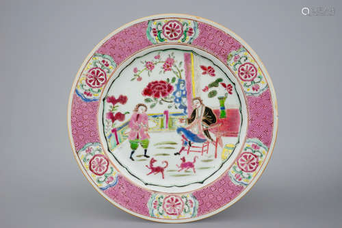 A Chinese famille rose plate with Europeans, Yongzheng/Qianlong, ca. 1730