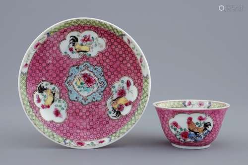 A Chinese famille rose eggshell cup and saucer with a rooster, Yongzheng, 1723-1735