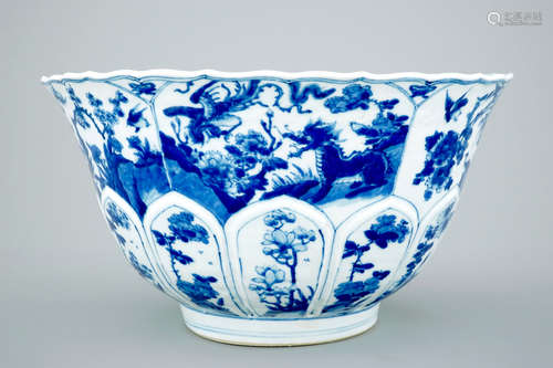 A large Chinese blue and white lobed and moulded bowl, Kangxi