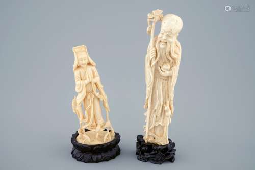 Two Chinese carved ivory figures on wooden base depicting Shou Lao and Guanyin, ca. 1900