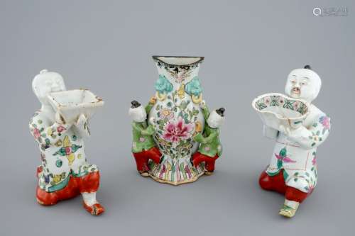 Two Chinese famille rose figures and a wall vase, 18/19th C.