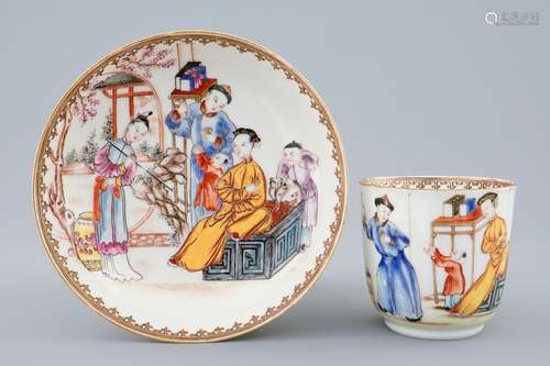 A fine Chinese famille rose mandarin cup and saucer, Qianlong, 18th C.