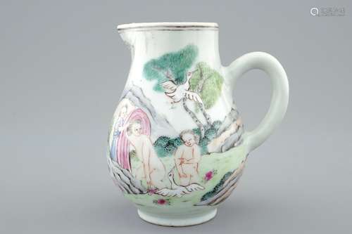 A Chinese famille rose export porcelain milk or cream jug with Leda and the swan, Qianlong, ca. 1740