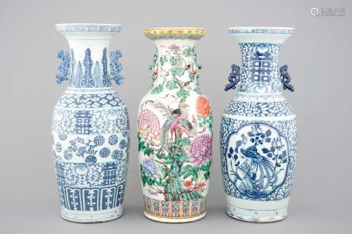 3 tall Chinese famille rose and blue & white vases, 19th C.