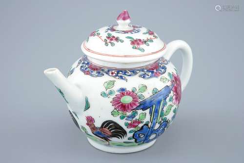 A Chinese famille rose rooster teapot and cover,  Yongzheng/Qianlong