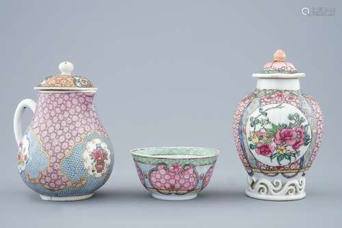 A Chinese famille rose tea caddy, a covered jug and a cup, Yongzheng, 1723-1735