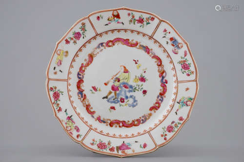 A Chinese famille rose plate with a European flute player, Qianlong, 18th C.