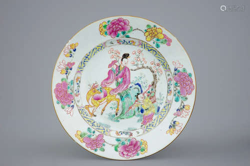 A Chinese famille rose plate with a lady on a deer, Yongzheng, 1723-1735