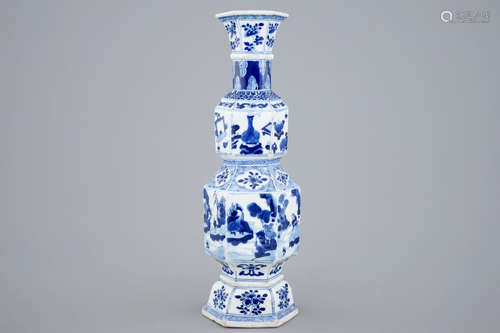 A Chinese blue and white hexagonal vase, Kangxi