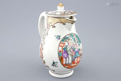 A Chinese famille rose European subject milk jug and cover, Qianlong 18th C.