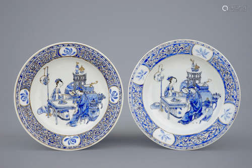 A pair of Chinese overglaze blue and gilt eggshell porcelain plates, Yongzheng, 1723-1735