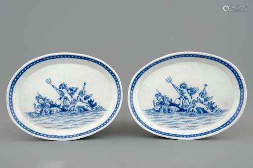 A pair of Chinese blue and white oval dishes with 