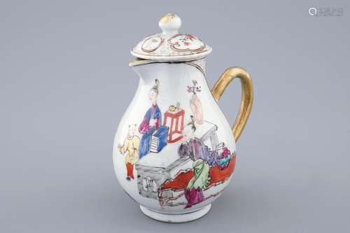 A Chinese famille rose mandarin milk jug and cover, Qianlong, 18th C.