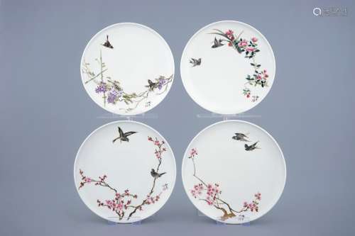A set of four Chinese famille rose plates with birds and flowers, 20th C.