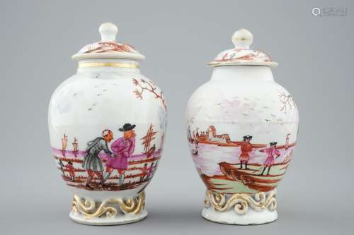 Two Chinse famille rose European subject tea caddies and covers, Qianlong, 18th C.