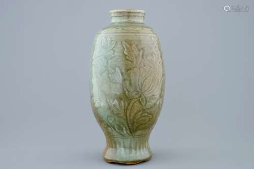 A Chinese incised Longquan celadon vase, Ming Dynasty