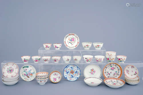 A lot of 21 Chinese famille rose cups and 20 saucers, 18/19th C.