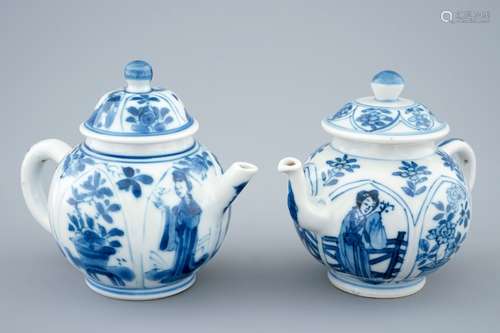 A pair of Chinese blue and white teapots with long Eliza, Kangxi