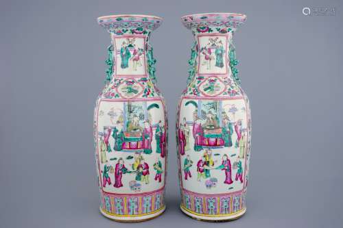 A tall pair of Chinese famille rose vases with court scenes, 19th C.