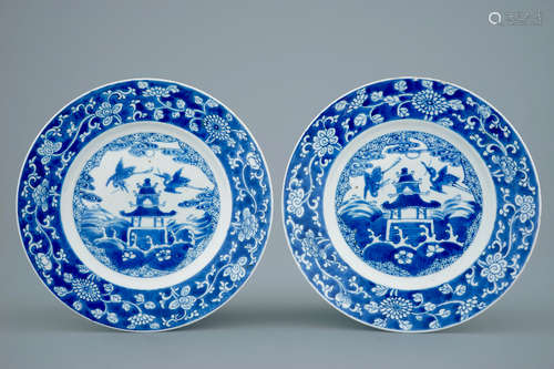 A pair of blue and white Chinese pagoda plates, Kangxi