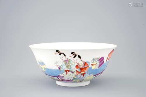 A Chinese famille rose bowl with scholars, Yongzheng mark, 19/20th C.