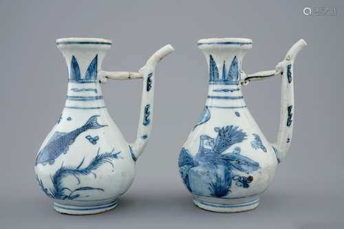 A pair of Chinese blue and white ewers with birds and fish, Ming Dynasty, Wanli, 1573-1619