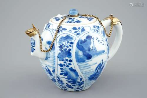 A fine blue and white Chinese teapot and cover with gilt silver mount, Kangxi