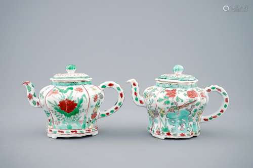 A pair of Chinese famille verte teapots and covers, Kangxi