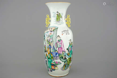 A fine double-sided Chinese famille rose vase, 19/20th C.