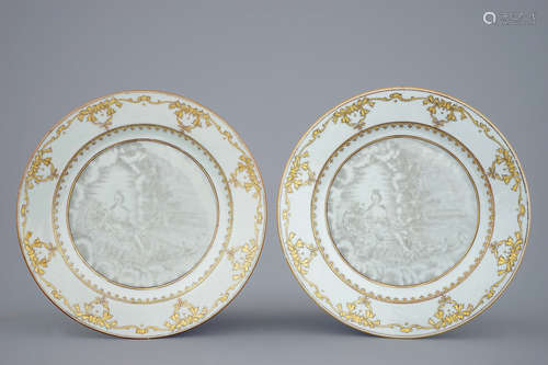 A pair of Chinese grisaille porcelain mythological subject plates, 18th C.