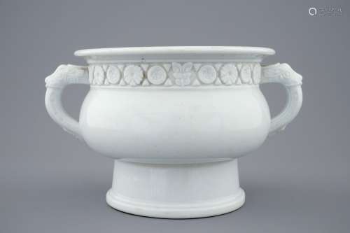A round Dehua blanc de Chine censer with moulded and underglaze decoration, Kangxi