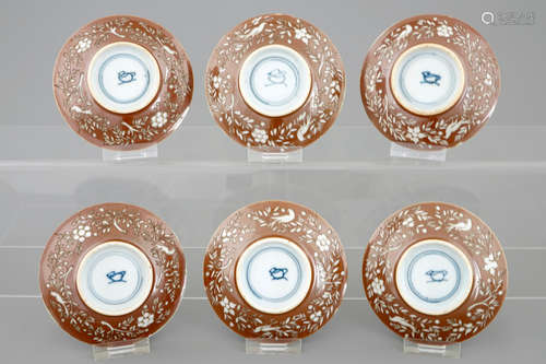 A set of six Chinese saucers with European wheel engraved decoration, Kangxi