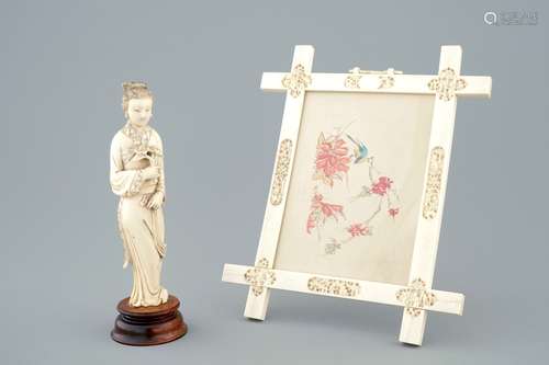 A Chinese Canton ivory frame and a carved figure of Guanyin, 19th C.