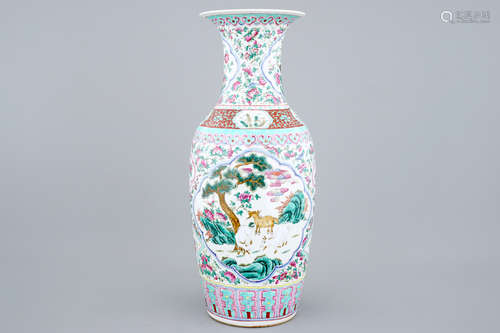 An unusual tall Chinese famille rose vase, 19th C.