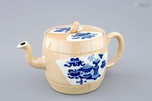 A Chinese blue and white on café au lait ground teapot and cover, Kangxi