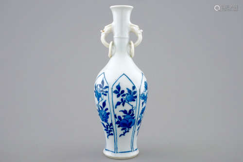 A Chinese blue and white elephant handle vase, Kangxi