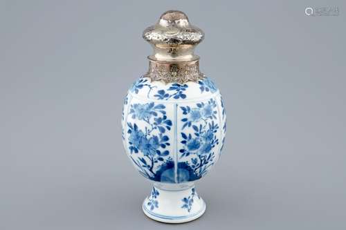 A Chinese blue and white silver-mounted tea caddy, Kangxi